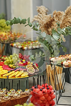 Catering buffet table with snacks and appetizers. Set of varios fruits and berries. Decorative vase photo