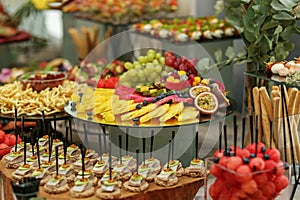 Catering buffet table with snacks and appetizers. Set of varios fruits and berries. Decorative vase photo