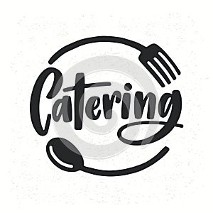 Catering company logotype with lettering written with calligraphic cursive font decorated with cutlery or kitchenware