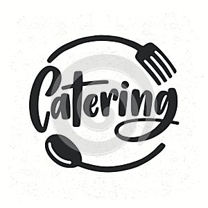 Catering company logotype with lettering written with calligraphic cursive font decorated with cutlery or kitchenware photo