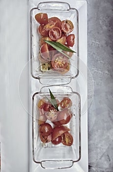 Catering Food. Appetizer of cherry tomatoes on a white background