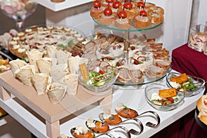 Catering food, colorful canapes beautifully decorated