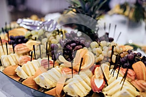 Catering food with fresh fruits on wedding reception