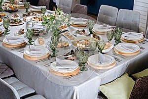 Catering Food Wedding Event Table, beautifully set table. Cheese, profiteroles, meat.