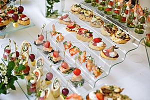 Catering. Off-site food. Buffet table with various canapes, sandwiches, hamburgers and snacks