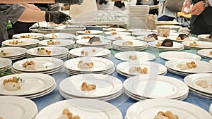 Catering service. A lot of meat and fish dishes for guests at a wedding or conference chef prepares