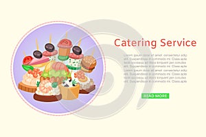 Catering service of restaurant food delivery for party with dishes from menu, canape vector illustration.