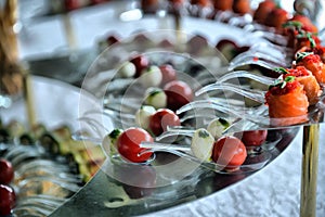 Catering service. Restaurant table with food at event