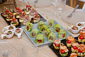 Catering service. Restaurant table with food at event. Shallow depth of view