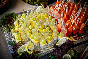 Catering service. Restaurant table with food at event. Shallow depth of view