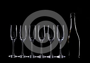 catering service. Silhouette champagne in bucket. New year party champagne on black background