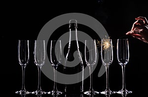 catering service. Silhouette champagne in bucket. New year party champagne on black background