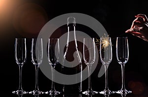 catering service. Silhouette champagne in bucket. New year party champagne on black background