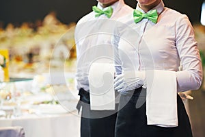 Catering service. waitress on duty in restaurant