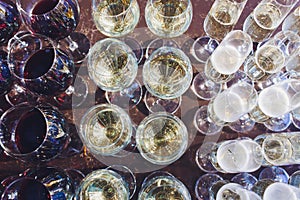 catering services. glasses with wine in row background at restaurant party.