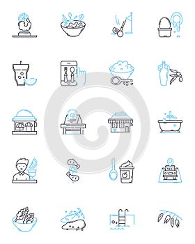 Catering services linear icons set. Food, Menu, Buffet, Platters, Favors, Servers, Appetizers line vector and concept