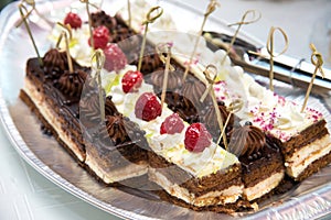 Catering sweets, close up of various kinds of cakes on event or wedding reception