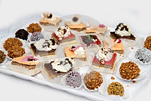 Catering sweets, closeup of various kinds of cakes on event or wedding reception
