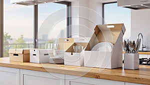 Catering Tableware Preparation with Boxed Dishes on Kitchen Counter â AI Generated Content