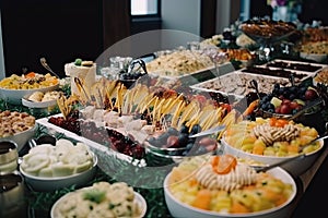 Catering wedding buffet with different food snacks and appetizers. Catering banquet and food decoration in the restaurant, AI