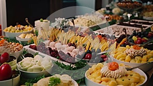 Catering wedding buffet with different food snacks and appetizers. Catering banquet and food decoration in the restaurant, AI