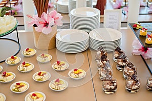 The catering wedding buffet. Wedding reception dessert table with delicious decorated white cupcakes with berries closeup