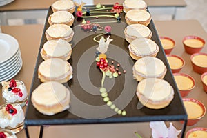 The catering wedding buffet. Wedding reception dessert table with delicious decorated white cupcakes with berries closeup