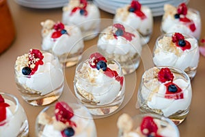 The catering wedding buffet. Wedding reception dessert table with delicious decorated white cupcakes with berries closeup