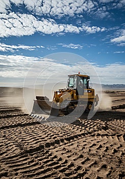 Bulldozer Grading Land Under a Blue Sky