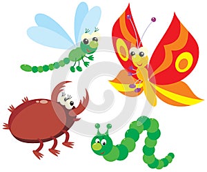 Caterpillar, butterfly, dragonfly and beetle