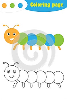 Caterpillar in cartoon style, coloring page, spring education paper game for the development of children, kids preschool activity