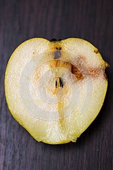 Caterpillar eating a apple . Worm maggot larva eating apple . Half of a wormy apple