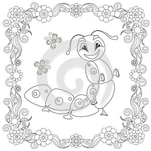 Caterpillar in frame coloring page. Flower design element cartoons cute funny illustratio