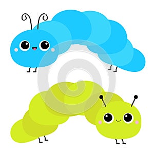 Caterpillar insect icon set. Cute crawling catapillar bug. Cartoon funny kawaii baby animal character. Smiling face. Colorful