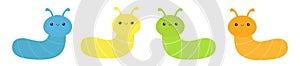 Caterpillar insect icon set line. Cute crawling bug. Cartoon kawaii funny baby animal character. Smiling face. Colorful bright