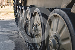 Caterpillar of a military tank standing