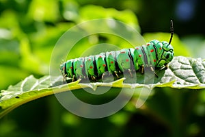 Caterpillar munching on vibrant green leaf, showcasing details of its tiny mandibles and colorful body. Generative AI