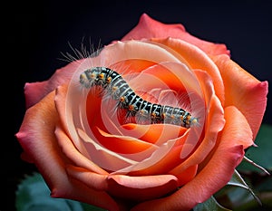 A caterpillar on an orange-coloured rose photo