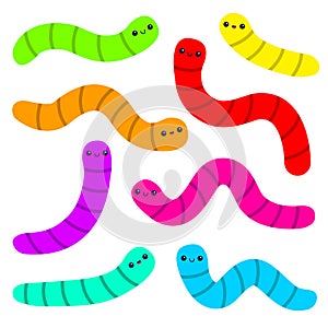 Caterpillar set. Insect icon. Cartoon funny kawaii baby animal character. Cute crawling bug collection. Smiling face. Colorful