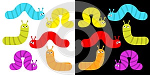 Caterpillar set. Insect icon. Cute crawling bug. Cartoon funny kawaii baby animal character. Smiling face. Colorful bright color.