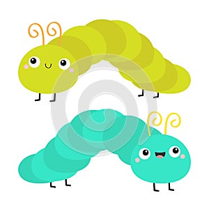 Caterpillar set. Insect icon. Cute crawling catapillar bug. Cartoon funny kawaii baby animal character. Smiling face. Colorful