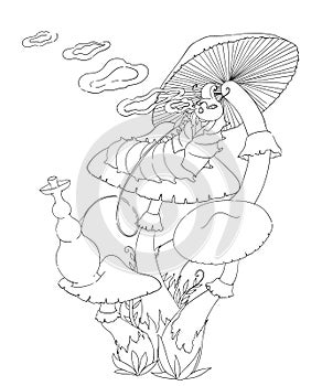 Caterpillar smokes a hookah on a mushroom. Fairytale Wonderland scenery.