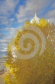 Cathedral against a blue sky with a tree in the foreground in autumn. Kremlin of ancient town of Rostov Veliky.Russia. Golden Ring