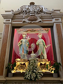 The cathedral of Alberobello, Apulia, Italy, the statues of Saints Cosma and Damiano