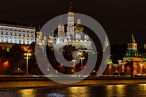 Cathedral of the Archangel and Ivan the Great Bell-Tower with night illumination on the territory of Moscow Kremlin