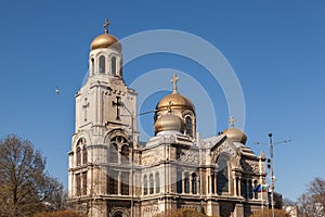 Cathedral of the Assumption in Varna, Bulgaria. Byzantine style church with golden domes