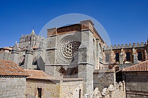 Cathedral of Avila. View from the ancient medieval walls of Avila`s fortress. Spain