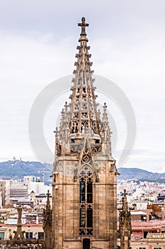 The Cathedral of Barcelona, detail of the main spire in typical gothic style with stone friezes and gargoyles. Barri Gotic, photo