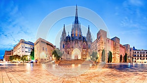 Cathedral of Barcelona, Gothic city at night, panorama