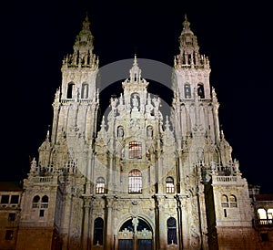 Cathedral, baroque facade and towers from Praza do Obradoiro at night. Santiago de Compostela, Galicia, Spain. photo